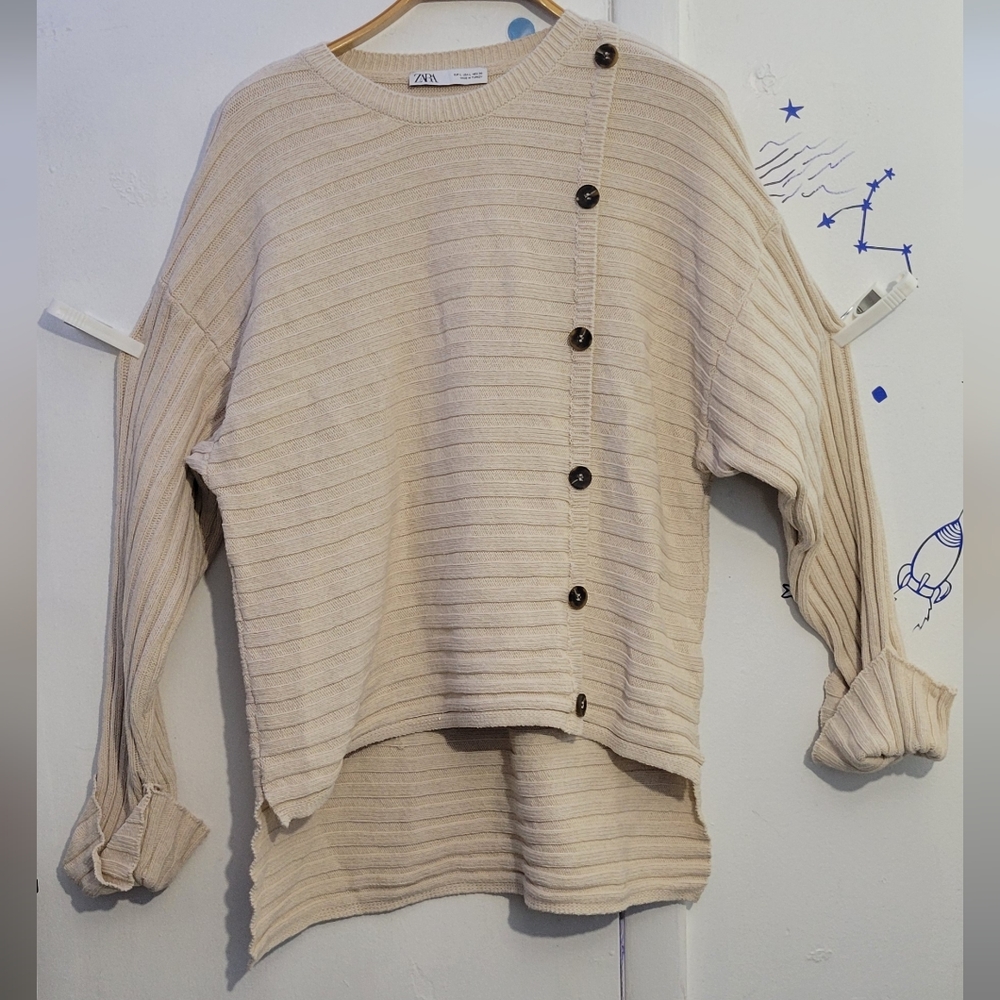 Women's Zara Cable Beige Sweater Chunky Cuffs Button Detail Size Large
